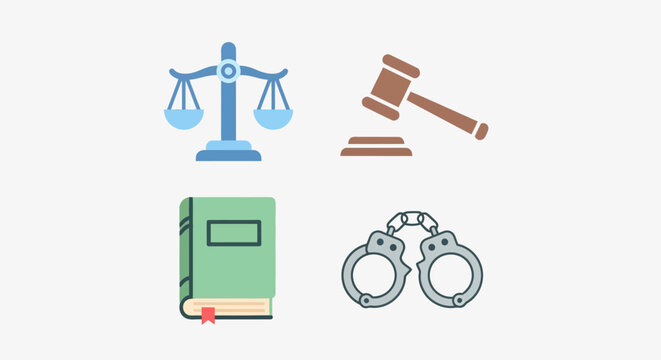 Essential symbols of the judicial system and law enforcement presented as modern vector icons