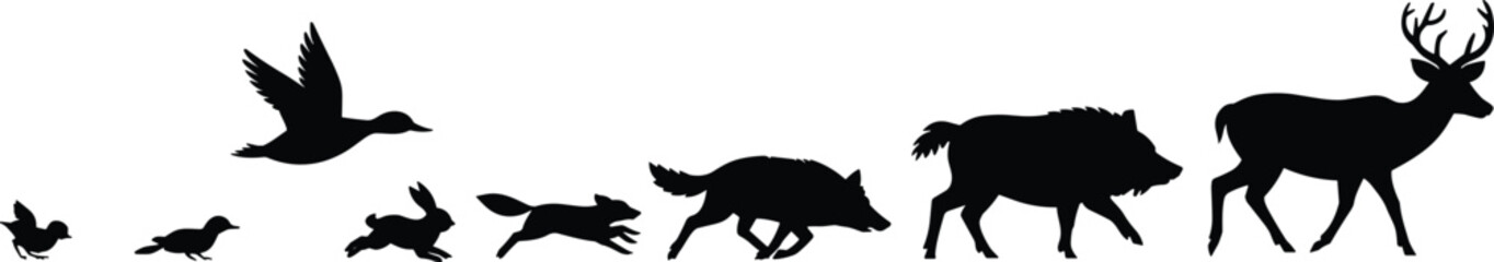 Wild forest animals silhouette collection with deer boar wolf fox rabbit and birds black vector illustration set