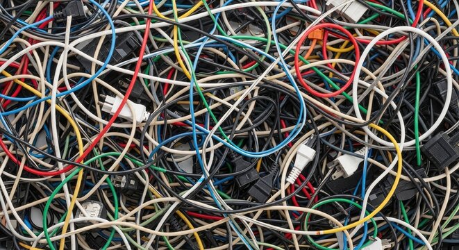 A chaotic collection of multicolored wires and connectors sprawls across a dark surface.