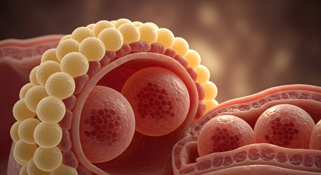 Detailed medical illustration of microscopic structures depicting ovarian follicles crucial for fertility and egg development