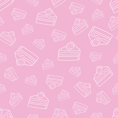 Vector seamless cute pattern with white pieces of strawberry cake on a pink background