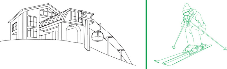 Minimalist line art featuring a ski resort lodge with a gondola lift and a separate green-inked illustration of a downhill skier in a tucked position. © Muhammad