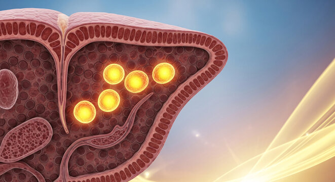 Detailed microscopic view of adrenal gland cross section with active cellular components illuminated