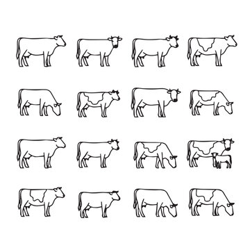 Collection of Cow and Calf Line Art Illustrations Farm Animal Silhouettes Livestock Vector Graphics
