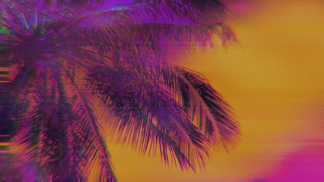4k seamless loop - Distorted palm silhouette in glitchy purple, orange, pink. Y2K aesthetic, tropical theme, vibrant colors, digital art. 90s summer visuals, 80s creative banner, retro 2000s style