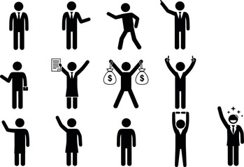 Business Professional Success Icon Set Featuring Corporate Figures Holding Money Bags Achieving Goals Winning Contracts and Standing in Leader Poses