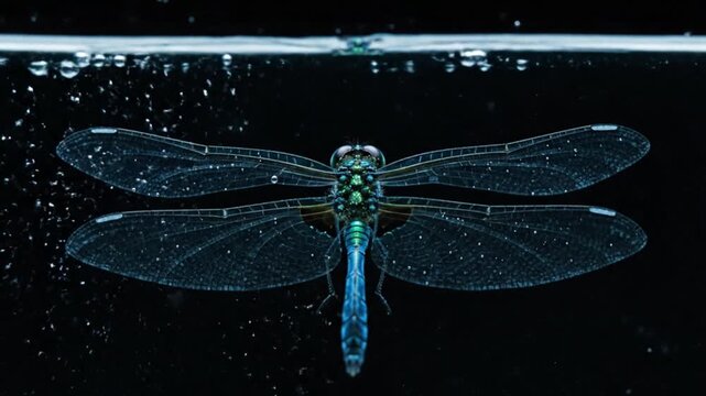 Close-up view of a vibrant blue-green dragonfly submerged underwater with its wings spread.