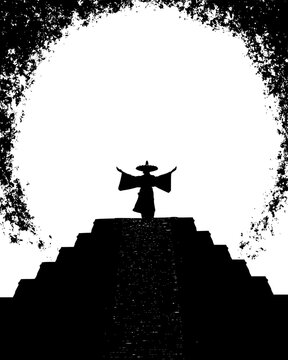 Aztec priest standing atop a stone pyramid during a solar eclipse, vector illustration