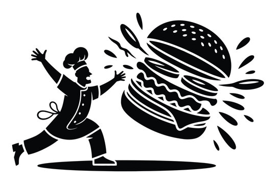 Excited chef chasing giant burger, fast food concept, culinary humor, restaurant promotion, oversized meal advertising