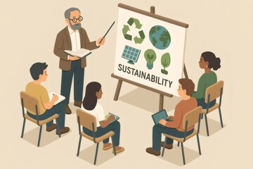 Fototapeta premium Professor teaching diverse students about environmental sustainability, showing recycling, earth, solar energy, and green concepts on a whiteboard