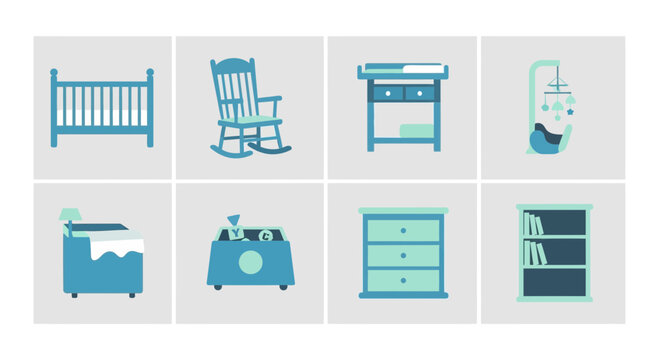 Eight blue and teal nursery furniture icons arranged in a twobyfour grid