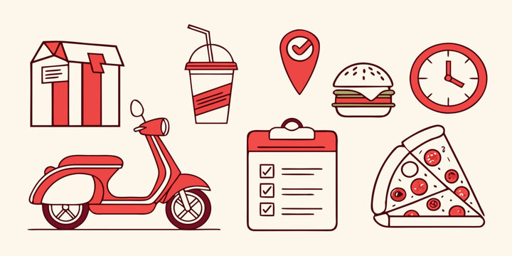 A collection of icons representing various aspects of a pizza delivery service Vector