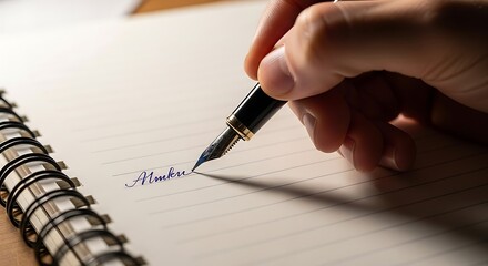 A close-up of a hand writing in a spiral notebook with a fountain pen, shallow depth of field focusing on the ink on the paper, classic study concept, 4k.