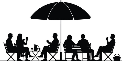 A group enjoys a picnic under a parasol depicted in a striking black silhouette on transparent background high quality professional detailed © Ashik