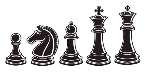 A collection of chess pieces arranged in a row, showcasing the king, queen, rook, bishop, knight, and pawn. Vector © zalal