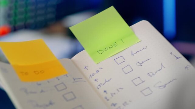 Project management checklist notebook task progress tracking. Open pages divided between To Do priorities and Done achievements, visual workflow narrative capturing transition from planning