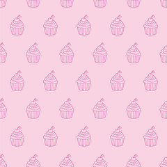 Vector seamless cute pattern with pink cupcakes with cherries on a light pink background