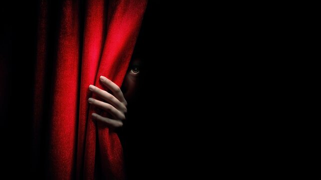 Mysterious person hiding behind red velvet curtain in dark. One eye peeking through, spying, fear, paranoia and secret concept. Black background with copy space
