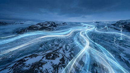 Futuristic Digital Data Stream Lines Spanning Across a Remote Snowy Glacier Landscape with Communication Towers, Symbolizing Global Connectivity and Advanced Network Technology © Oktafianto