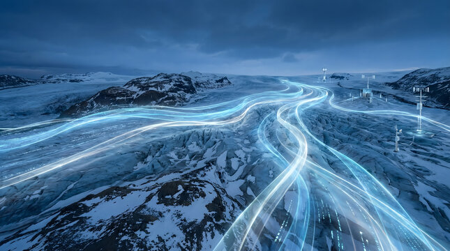 Futuristic Digital Data Stream Lines Spanning Across a Remote Snowy Glacier Landscape with Communication Towers, Symbolizing Global Connectivity and Advanced Network Technology