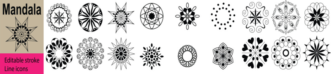 Black And White Minimalist Decorative Mandala Ornaments Featuring Symmetrical Floral Stars And Abstract Geometric Elements © Monjurul