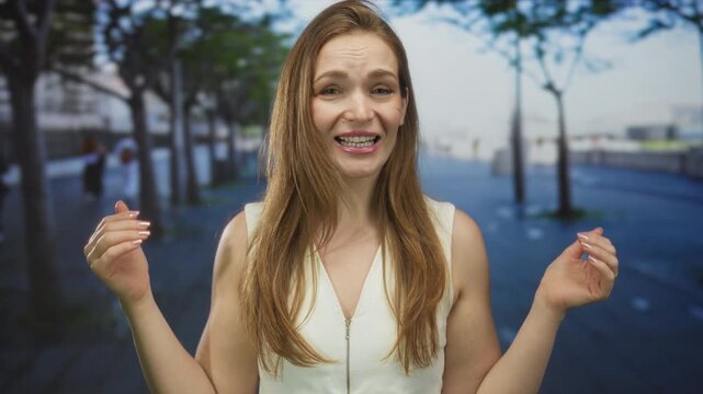 Woman with open mouth wearing white top shrugging shoulders on paved sidewalk lined with trees in urban street; confusion.
