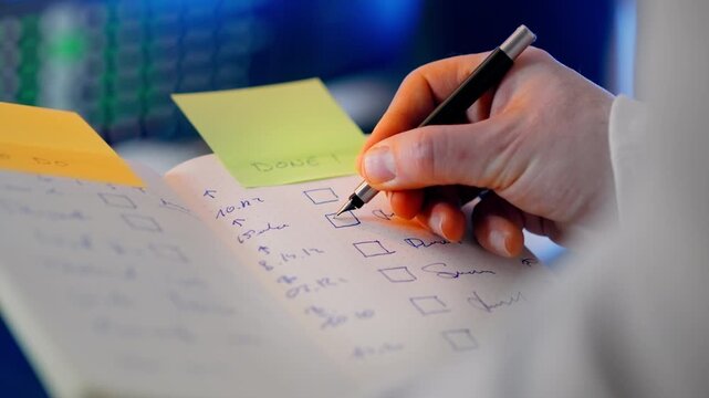 Task completion checklist notebook productivity workflow. Hand marking finished item under Done section while priorities remain under To Do column, symbolic transition from planning stage