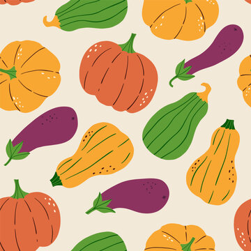 Seamless flat vector pattern with pumpkins, squash and eggplants on neutral background. Autumn farm harvest theme, organic vegetables illustration for kitchen decor, packaging and textile design.