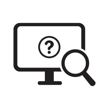 Computer help and FAQ icon. Monitor with question mark symbol and magnifying glass. Online support, customer service, information search, and user guide concept.