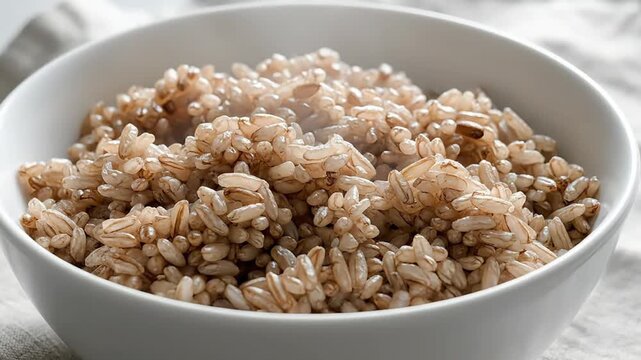 Close-up of a white bowl filled with healthy brown rice grains showcasing a wholesome and nutritious food concept for wellness and dietary content