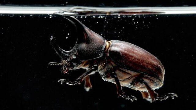 A rhinoceros beetle partially submerged in water with its head and horn above the surface against a dark background.