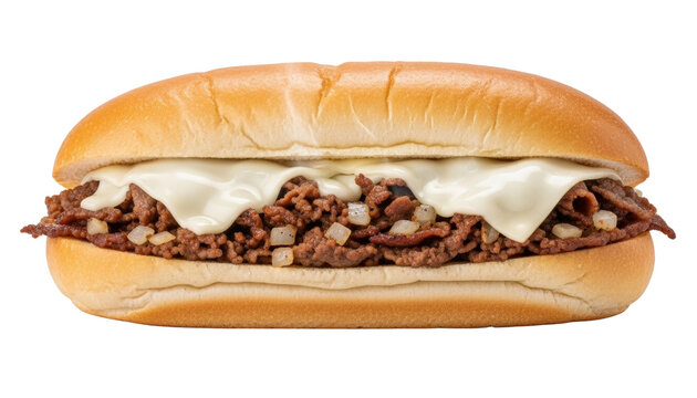 Philly cheesesteak sandwich with thinly sliced beef and melted provolone in a hoagie roll, isolated on transparent background.