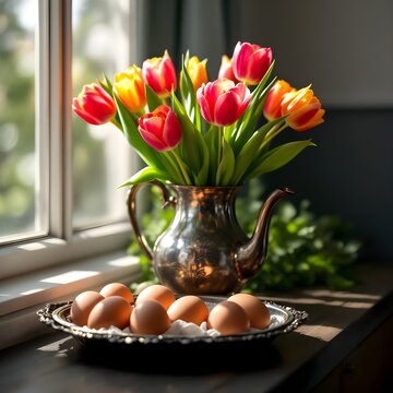 Primavera e pasqua: composizione con vaso  tulipani con uova di pasqua decorate