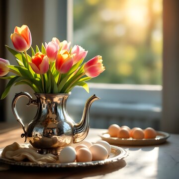 Primavera e pasqua: composizione con vaso  tulipani con uova di pasqua decorate
