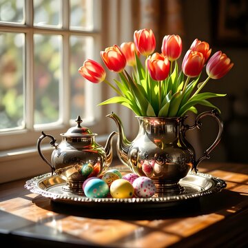 Primavera e pasqua: composizione con vaso  tulipani con uova di pasqua decorate