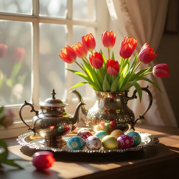 Primavera e pasqua: composizione con vaso  tulipani con uova di pasqua decorate