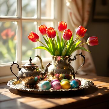 Primavera e pasqua: composizione con vaso  tulipani con uova di pasqua decorate