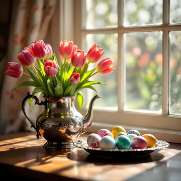 Primavera e pasqua: composizione con vaso  tulipani con uova di pasqua decorate