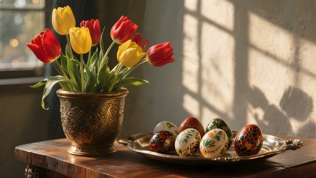 Primavera e pasqua: composizione con vaso  tulipani con uova di pasqua decorate