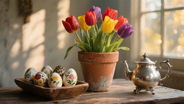 Primavera e pasqua: composizione con vaso  tulipani con uova di pasqua decorate