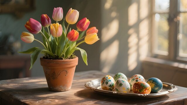 Primavera e pasqua: composizione con vaso  tulipani con uova di pasqua decorate