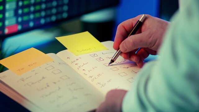 Checklist done task completion project progress. Hand marking finished box under Done note, structured To Do list transformed into achieved milestones, visual productivity ritual, disciplined workflow