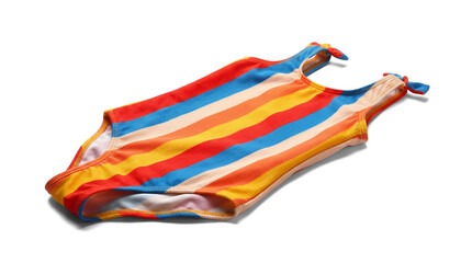 a cheerful ribbed one-piece swimsuit for girls, showcasing a bright rainbow stripe pattern in red,...