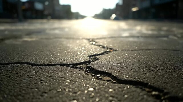 Cracked asphalt reflects bright sunlight on deserted city street or urban road shows cracked surface in shimmering heat haze