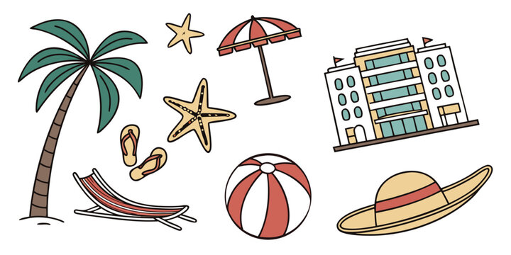 A vibrant illustration of beach items including palm trees, sand, and water sports equipment. Vector