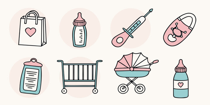 Assorted baby items including toys, bottles, and nursery essentials Vector