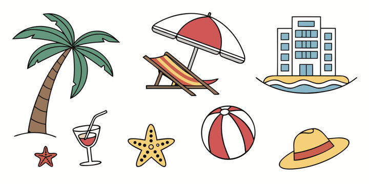 Vibrant beach scene with palm tree, beach ball, and sun lounger Vector