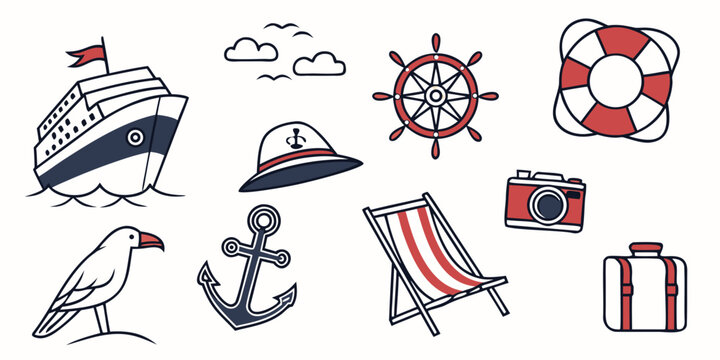 Assorted nautical icons and symbols representing maritime themes and activities Vector