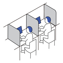 個室ブース、パネルデスクで作業をする人、ベクターイラスト