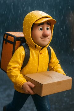 3D character delivery man wearing yellow raincoat and backpack, carrying package while walking in the rain